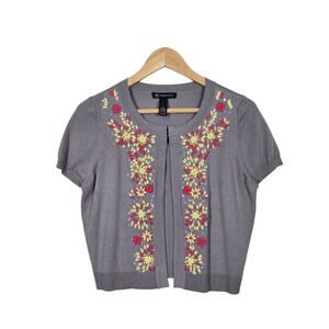 INC Intl Concepts Cropped Cardigan Sweater L Taupe Brown Embroidery Short Sleeve